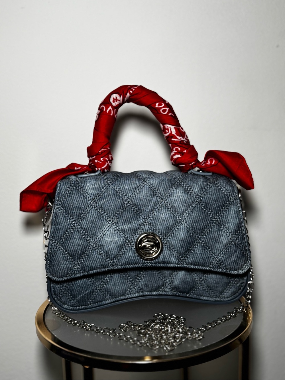 Quilted Denim Crossbody Bag with Red Scarf Handle